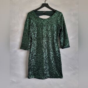 Express Dress Sequin Emerald Green Open Back Side Zip Sz 8